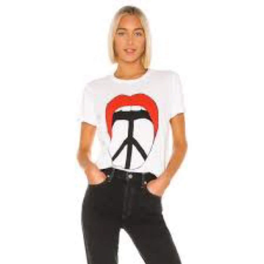 Lauren Moshi Women’s White Short Sleeve Tee, Peace tongue, size small